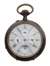 Continental gunmetal calendar lever pocket watch, bar movement with compensated balance and