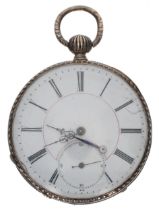 White metal cylinder engine turned pocket watch, interesting foliage engraved movement inset with