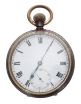 Omega gunmetal lever pocket watch, signed gilt frosted movement with compensated balance and