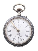 Swiss Patent Niello white metal (.800) alarm pocket watch, Patent no. 42203, the dial signed '