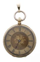 Attractive 18ct cylinder engraved fob watch, gilt bar movement, 18ct hinged cuvette, gilt dial