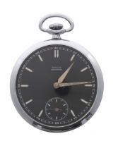 Ralco chrome cased lever dress pocket watch, signed movement, signed black dial, 47mm