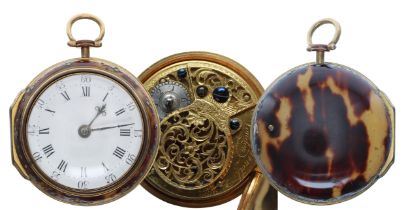 English 18th century gilt metal and tortoiseshell verge pair cased pocket watch, the fusee