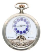 Hebdomas 8 Days nickel cased pocket watch, the decorated dial signed Hebdomas with blue enamel