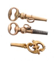 Three assorted Victorian gold mounted pocket watch keys, including two similar ratchet examples, 4.