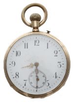 14ct lever pocket watch, unsigned gilt frosted movement, the dial with Arabic numerals and