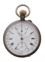 Swiss gunmetal chronograph lever pocket watch, frosted movement with compensated balance and