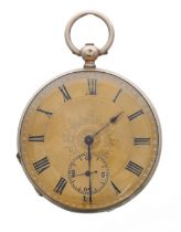 Swiss 14ct lever engraved pocket watch, unsigned three-quarter plate movement, base metal cuvette,