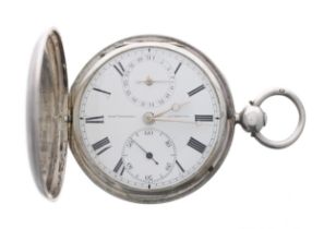 George IV silver calendar fusee lever hunter pocket watch, Chester 1829, gilt frosted half plate