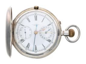 Victorian silver centre seconds chronograph lever hunter pocket watch, Birmingham 1887, the three