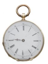 Swiss 14ct cylinder fob watch, gilt frosted bar movement, inscribed metal cuvette, the dial with