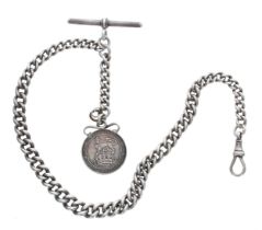 Silver graduated curb watch Albert chain, with silver T-bar and clasp and one shilling fob, 49gm,