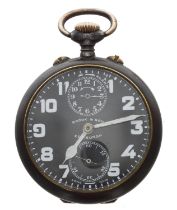 Zenith gunmetal alarm travel pocket watch retailed by Brook & Son, Edinburgh, signed gilt-frosted