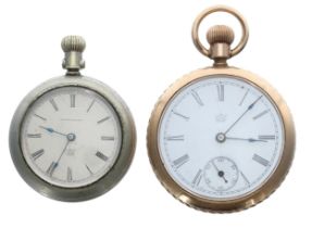 Waterbury Watch Co. gold plated duplex engine turned pocket watch, 48mm; together with a Waterbury