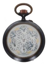 Continental World Time gunmetal lever pocket watch, gilt frosted bar movement with compensated