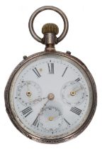 Continental white metal cylinder calendar pocket watch, unsigned movement, inscribed hinged cuvette,