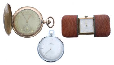 Gold plated lever hunter dress pocket watch, 51mm; together with an Oris chrome cased lever dress