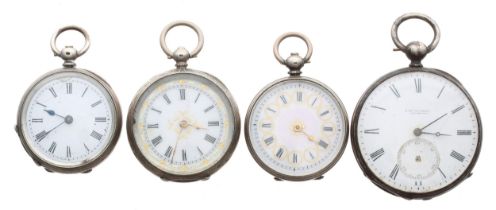 Three silver (0.800) cylinder engraved fob watches; together with a Robert Roskell, Liverpool