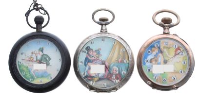 Silver (0.800) erotic automaton lever pocket watch in need of repair, 49mm; together with a