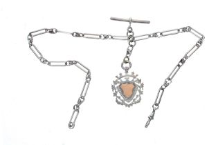 Silver Figaro link double watch Albert chain, with silver T-bar, silver clasp and silver medallion