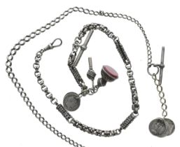 Fancy white metal watch Albert chain, with T-bar, silver clasp, silver pocket watch key, silver