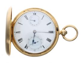 Victorian 18ct hunter pocket chronometer, London 1864, the gilt frosted three quarter plate fusee