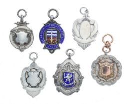 Six silver medallion fobs to include one Bath & District Association Football League enamelled