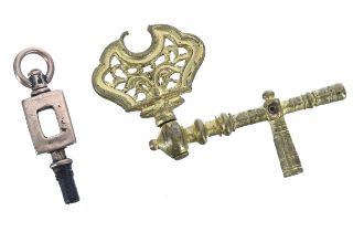 Antique gilded crank pocket watch key; together with an antique gilt pocket watch key (2)