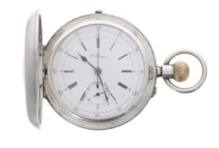 Silver chronograph half-hunter lever pocket watch, London 1938, the movement and dial signed G.