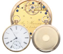 Jas Murray 18ct lever pocket watch, London 1857, gilt frosted three quarter plate fusee movement