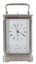 Fine French Le Roy repeater calendar carriage clock with alarm, the white enamel dial signed Le