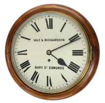 Oak single fusee 12" wall dial clock signed Vale & Richardson, Bury St. Edmunds, within a turned