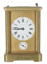 Carriage clock with alarm striking with two hammers on a gong, no. 4378, the 2.25" white dial signed