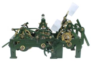 Three train turret clock, the going striking and quarter striking trains within a dark green cast