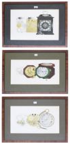 Three framed horological limited edition coloured prints, with blind stamps, all signed David Penney