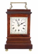 Good small English rosewood single fusee library clock, the 4" silvered square dial signed C.J.