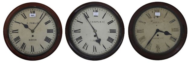 Three mahogany single fusee 12" wall dial clocks, signed E.Tomlin, Dover; Allen, Southport and