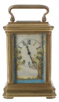 Miniature carriage clock timepiece with painted porcelain panels, the movement back plate and base