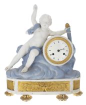 French Parian Ware two train drumhead figural mantel clock striking on a bell, the 3.75" white