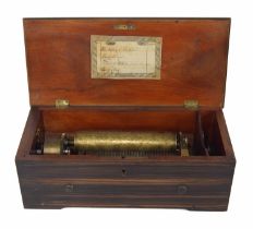 Small coromandel music box, the 6" cylinder playing on four airs and with original tune sheet, the