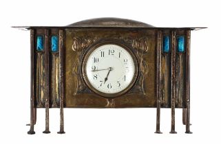 Good Arts & Crafts silver plated and brass mantel clock timepiece in the manner of E.A. Walton,