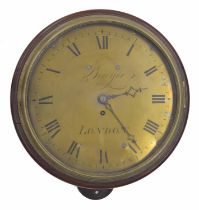 Early mahogany single fusee verge wall dial clock, the 12" brass dial signed Bowyer, London,