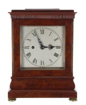 Good English burr walnut double fusee library clock, the movement back plate signed Barrauds,