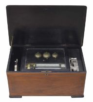 Unusual Swiss mahogany music box inscribed Universal Trademark Registered, with chrome ships wheel