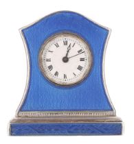 French miniature silver and blue enamel clock timepiece, the bottom hinged back door opening to
