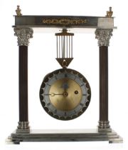 Novelty swinging single fusee mantel clock, the 5.25" dial plate with applied silvered chapter