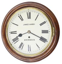 Good Scottish oak single fusee 10" wall dial clock signed James Hardy, Aberdeen, within a turned