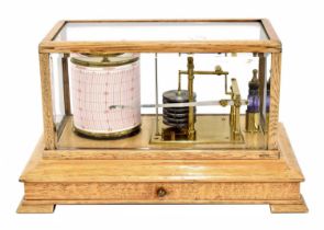 Good light oak cased barograph, the brass bed plate signed Callaghan & Co., 23a New Bond St., London