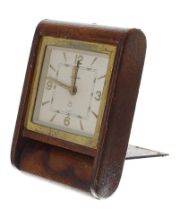 Jaeger 1930s tan leather bound folding travel clock with alarm, 3.75" x 2.5"