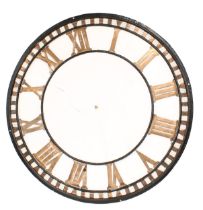 Large Perspex turret clock dial with brass Roman numerals, within a cast iron frame, 36" diameter